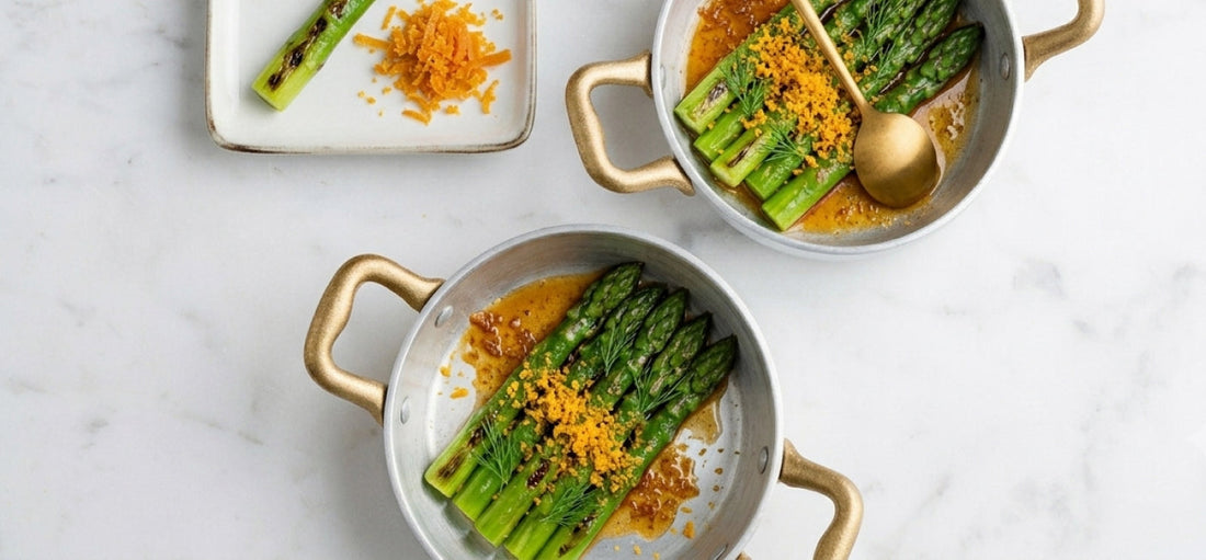 Asperges vertes, beurre noisette et poutargue