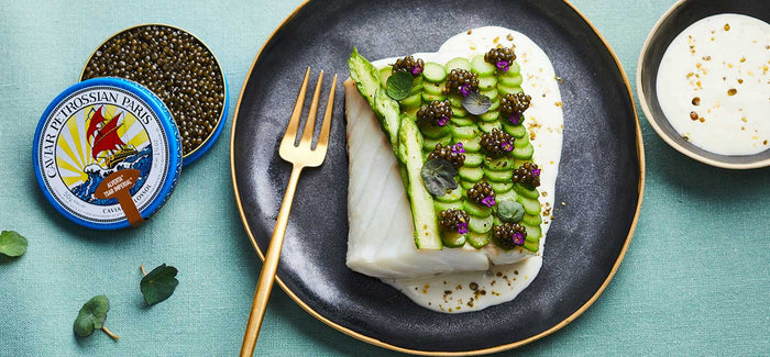 Cabillaud, asperges et caviar