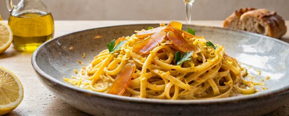Linguine à la poutargue, citron & huile d’olive