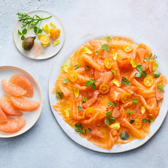 Carpaccio de saumon fumé, marinade aux agrumes