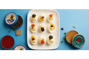 Caviar eggs mayonnaise with salmon roe and smoked pike roe