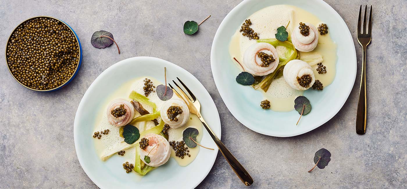 Rolls of sole, Champagne beurre white and caviar | Petrossian UK