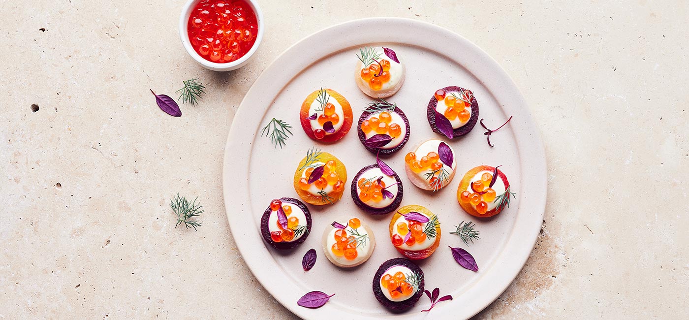 Beetroot and salmon roe bites