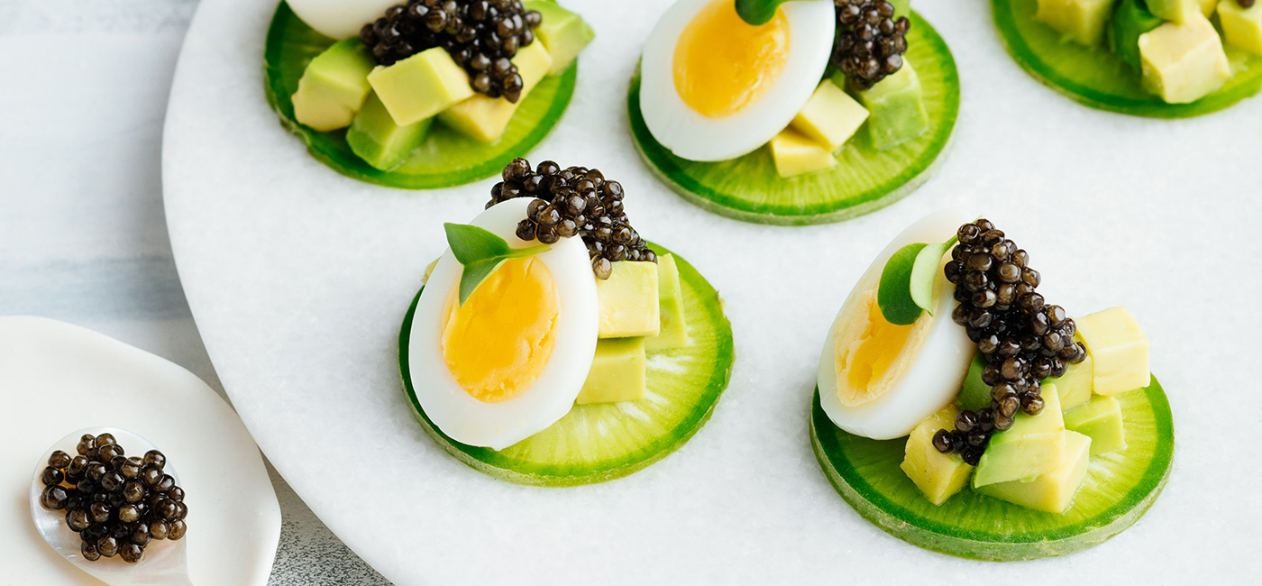 Baeri Baïka® caviar, quail eggs and cucumber bites