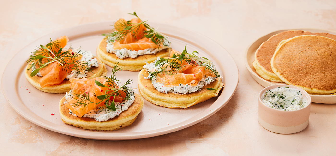 Fluffy pancakes with smoked salmon