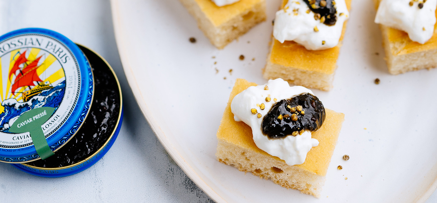 Focaccia with Pressed Caviar, Burrata & Fleur de Caviar