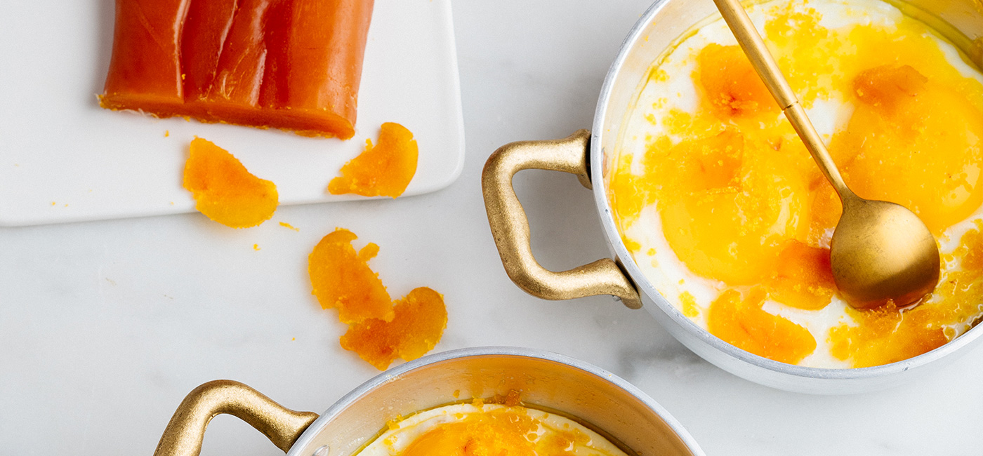 Eggs in pots, cream and bottarga