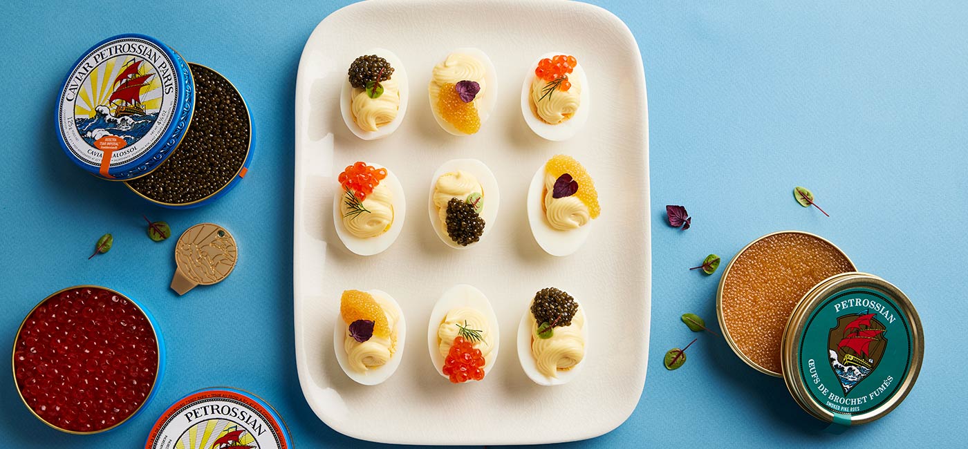 Caviar eggs mayonnaise with salmon roe and smoked pike roe