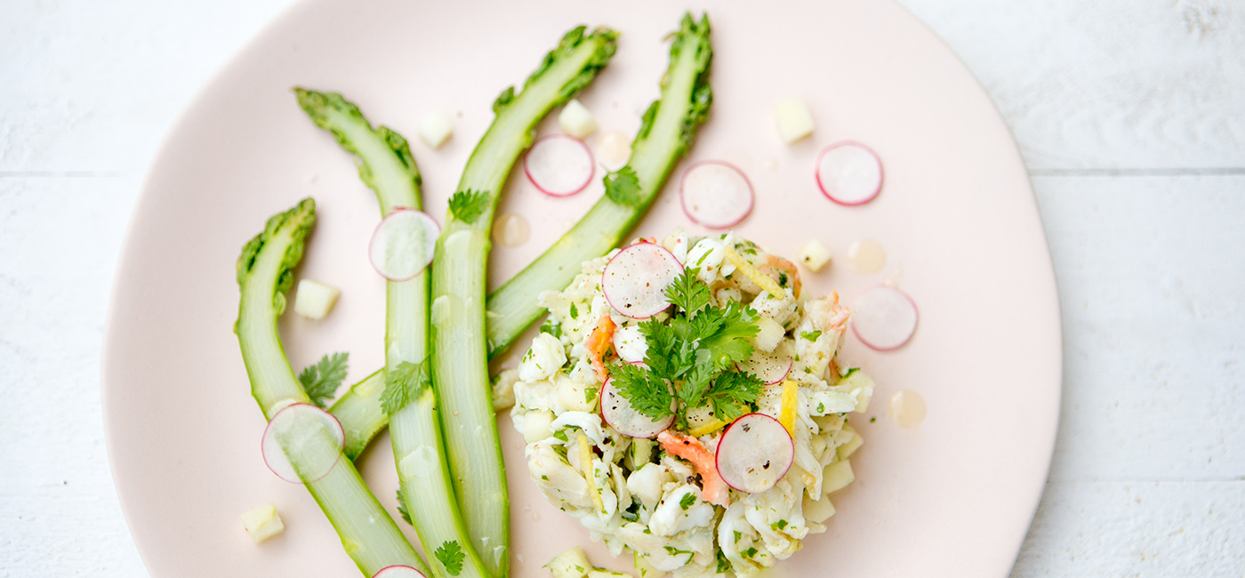 Crab and asparagus salad with radishes by Jason Atherton