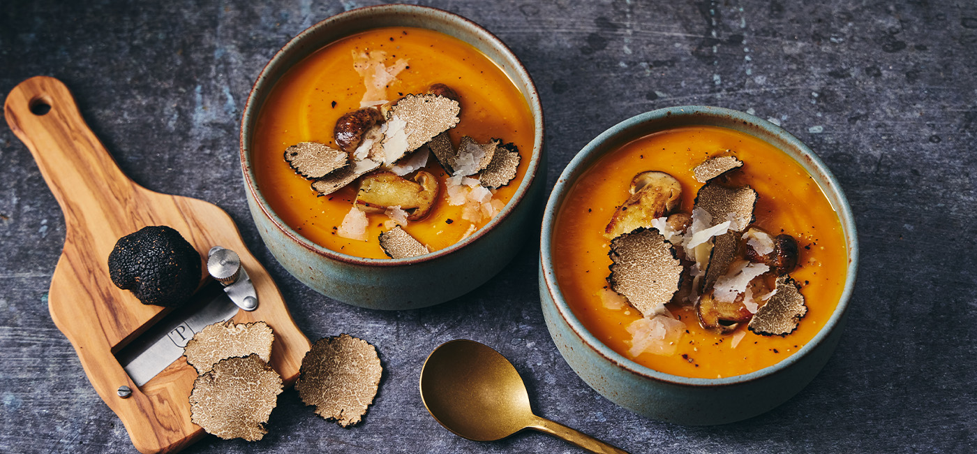 Butternut squash soup with cep mushrooms and truffle